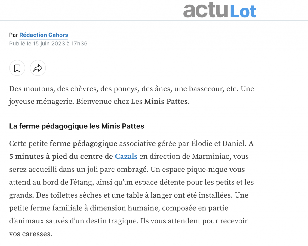 Article Actu Lot présentant la ferme pédagogique Les Minis Pattes à Cazals et ses activités pour les enfants