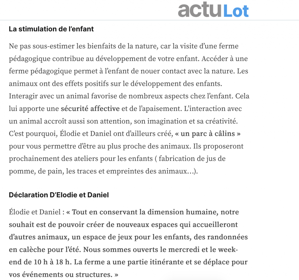 Article détaillant les activités de la ferme pédagogique Les Minis Pattes à Cazals et les bienfaits des animaux pour les enfants