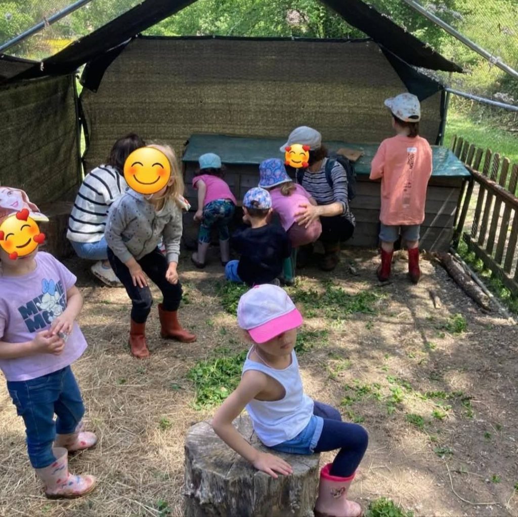 Groupe d’enfants découvrant les animaux de la ferme lors d’une activité pédagogique en plein air