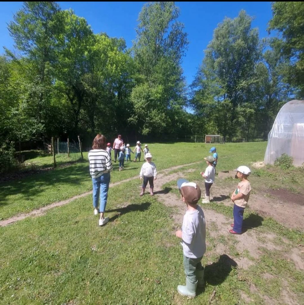 Enfants participant à une animation en plein air dans une ferme pédagogique, entourés d’animaux et de verdure